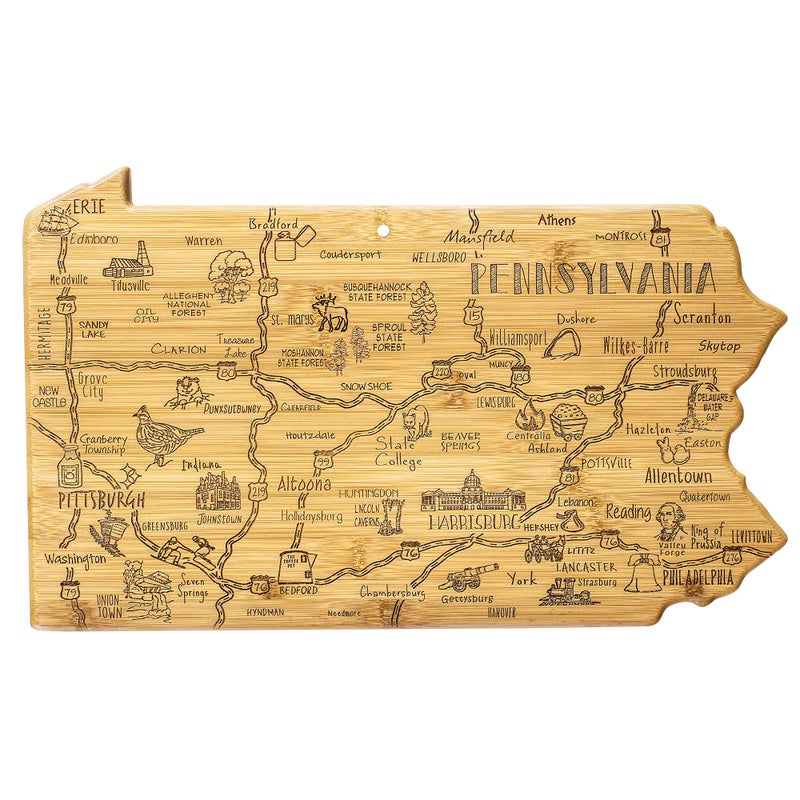 Totally Bamboo Destination Pennsylvania State Shaped Serving and Cutting Board Includes Hang Tie for Wall Display