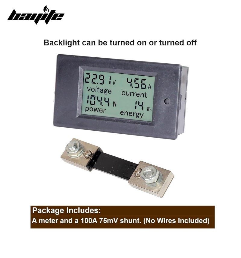bayite DC 6.5-100V 0-100A LCD Display Digital Current Voltage Power Energy Meter Multimeter Ammeter Voltmeter with 100A Current Shunt - Image 2