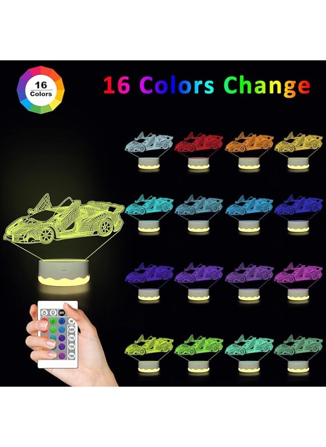 CooPark Car 3D Night Light, LED Racing Illusion Hologram Lamp 16 Color Changing with Remote Control + Timer + Warm White Light + Type-C Port, Best Plug in Birthday Vehicle Gift for Boys Men Kids