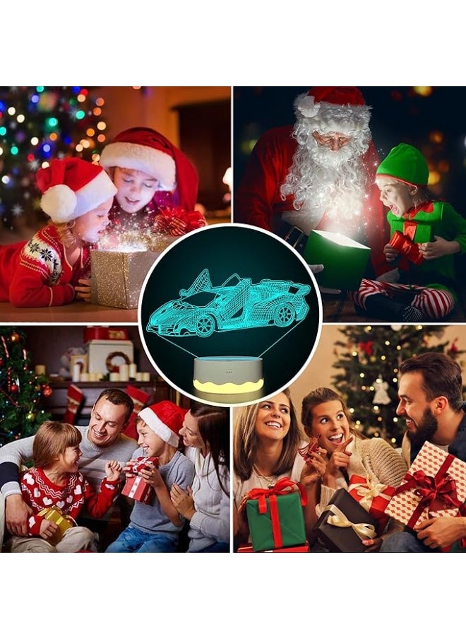 CooPark Car 3D Night Light, LED Racing Illusion Hologram Lamp 16 Color Changing with Remote Control + Timer + Warm White Light + Type-C Port, Best Plug in Birthday Vehicle Gift for Boys Men Kids