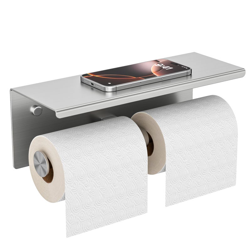 FORIOUS Double Toilet Paper Holder with Shelf, Wall Mount Tissue Roll Holder for Bathroom, 304 Stainless Steel Commercial Toilet Tissue Dispensers with Phone Shelf (1, Stainless Steel) - Image 1