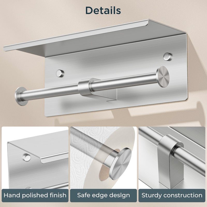 FORIOUS Double Toilet Paper Holder with Shelf, Wall Mount Tissue Roll Holder for Bathroom, 304 Stainless Steel Commercial Toilet Tissue Dispensers with Phone Shelf (1, Stainless Steel) - Image 3