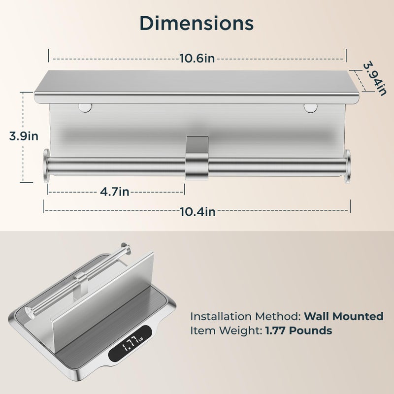 FORIOUS Double Toilet Paper Holder with Shelf, Wall Mount Tissue Roll Holder for Bathroom, 304 Stainless Steel Commercial Toilet Tissue Dispensers with Phone Shelf (1, Stainless Steel) - Image 4
