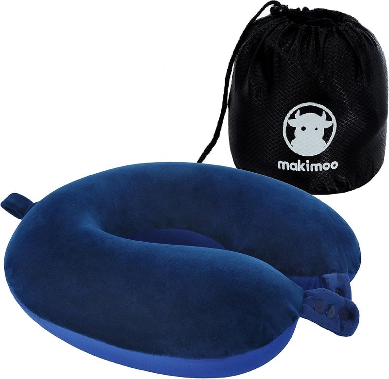 Makimoo Travel Neck Pillow, Top Memory Foam Pillow for Head Support, Ideal for Airplanes, Cars, and Home Recliners, Adjustable and Soft (Blue) - Image 1