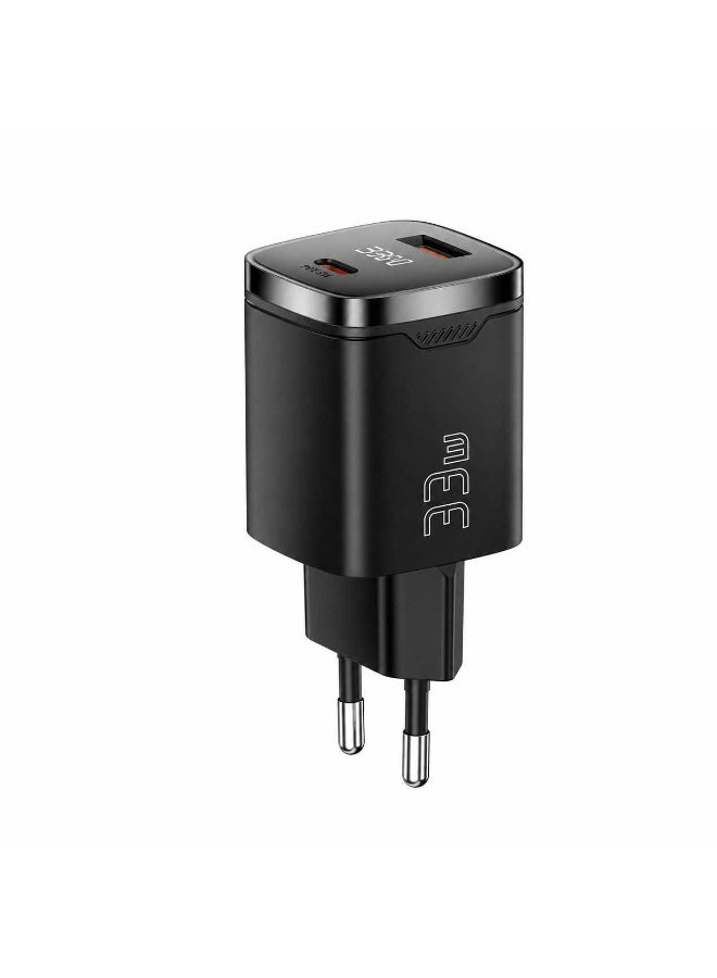 ESSAGER PD 33W GaN Dual Type-C Travel Charger with LED Display Fast Charging Compact Power Adapter - EU Plug / Black - Image 1