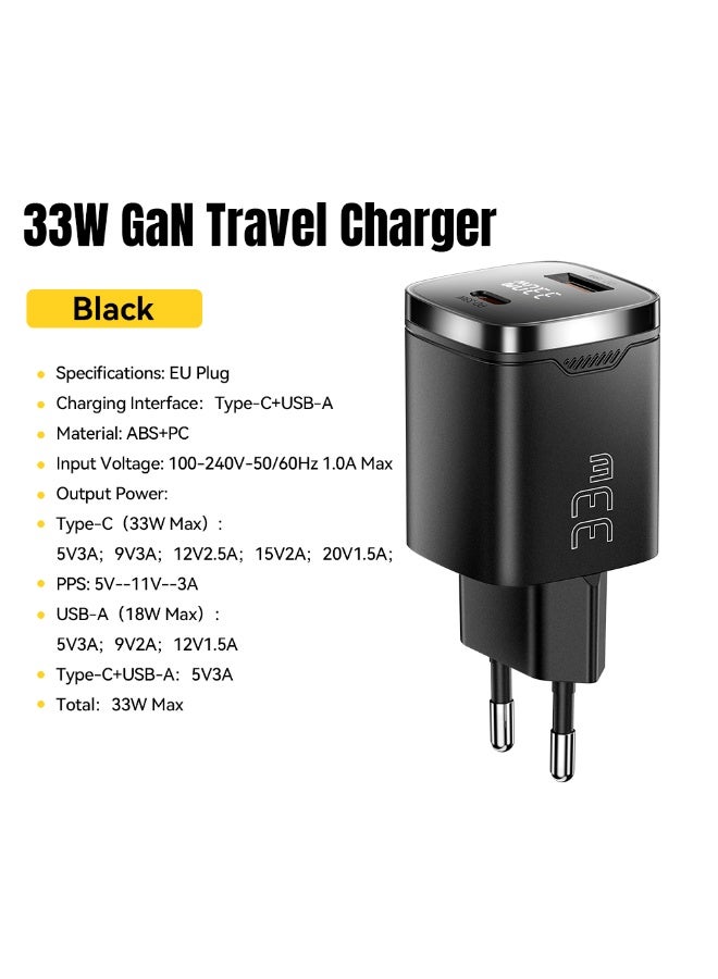 ESSAGER PD 33W GaN Dual Type-C Travel Charger with LED Display Fast Charging Compact Power Adapter - EU Plug / Black - Image 2