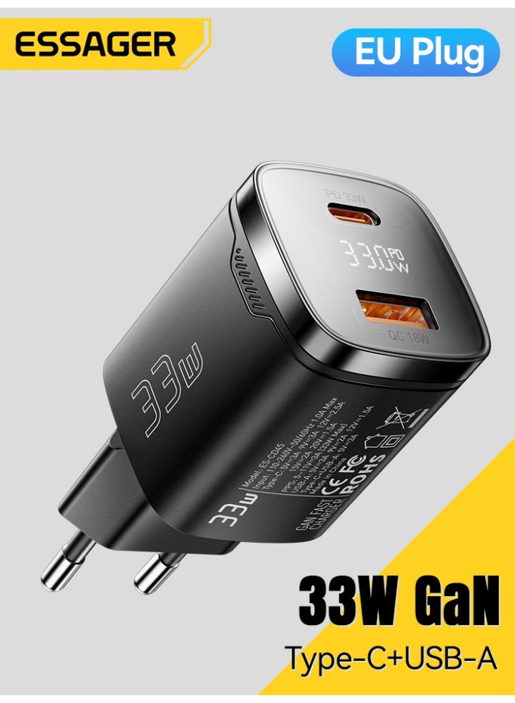 ESSAGER PD 33W GaN Dual Type-C Travel Charger with LED Display Fast Charging Compact Power Adapter - EU Plug / Black - Image 3