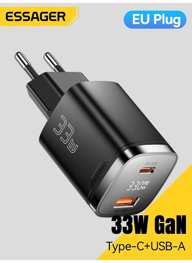 ESSAGER PD 33W GaN Dual Type-C Travel Charger with LED Display Fast Charging Compact Power Adapter - EU Plug / Black - Image 4