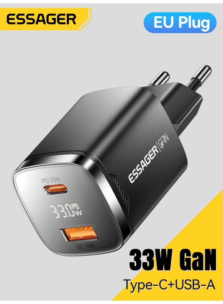 ESSAGER PD 33W GaN Dual Type-C Travel Charger with LED Display Fast Charging Compact Power Adapter - EU Plug / Black - Image 5