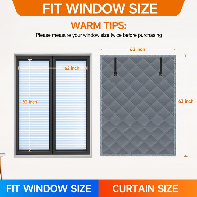 Skloopearg Winter Insulated Window Curtain 63"x63", Oxford Cloth Thermal Insulated Window Cover with Buckles,Heavy Duty Window Insulation Kit Fits Windows up to 62"x62",Grey - Image 2