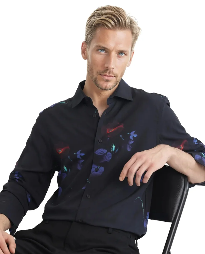 Rare Rabbit Rare Rabbit Men Alvata Black Viscose Fabric Full Sleeve Regular Collared Button Closure Regular Fit Floral Print Shirt