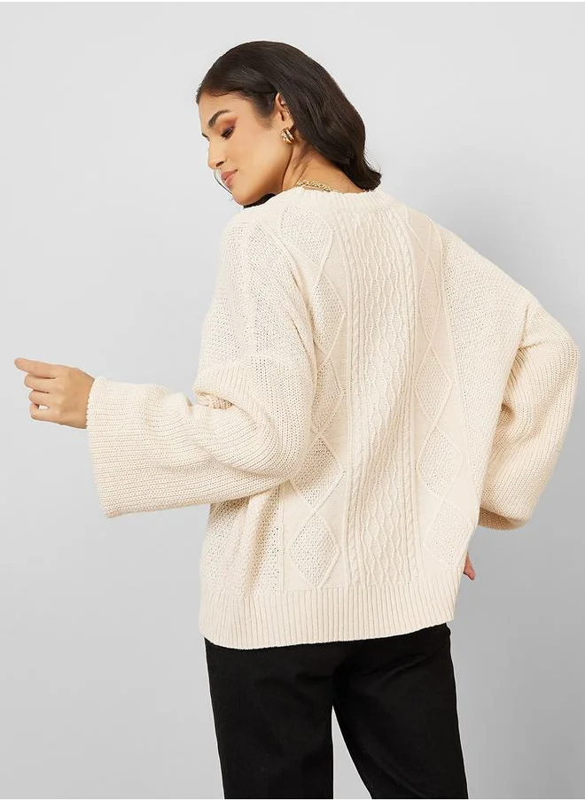 ستايلي Oversized V Neck Cable Knit Sweater
