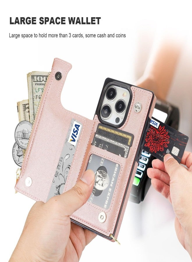 Bocasal Crossbody Wallet Case for iPhone 15 Pro with RFID Blocking Card Slot Holder, Magnetic Flip Folio Purse Case, PU Leather Zipper Handbag with Detachable Lanyard Strap 6.1 Inch 5G (Rose Gold) - Image 3