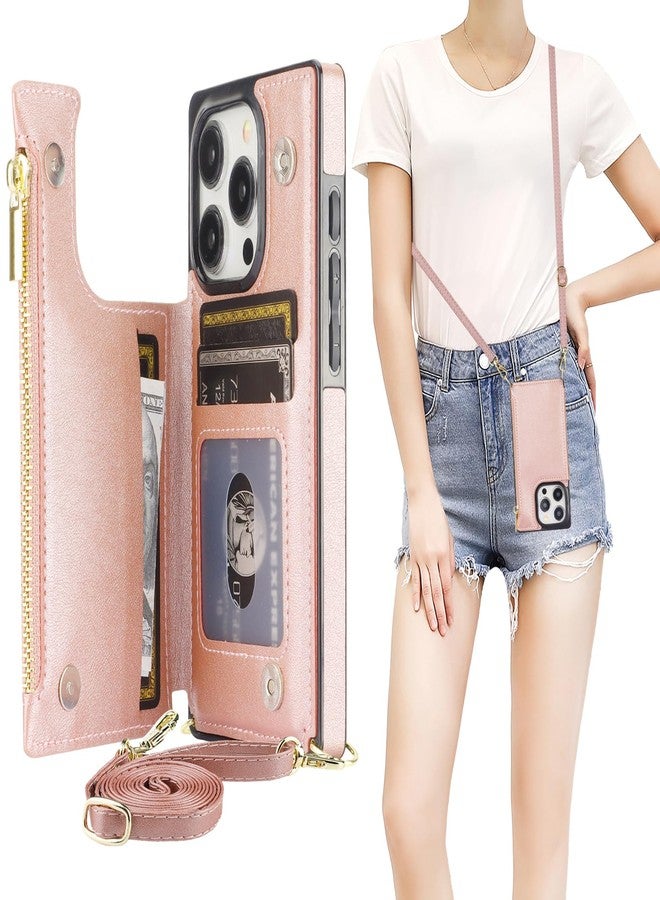 Bocasal Crossbody Wallet Case for iPhone 15 Pro with RFID Blocking Card Slot Holder, Magnetic Flip Folio Purse Case, PU Leather Zipper Handbag with Detachable Lanyard Strap 6.1 Inch 5G (Rose Gold) - Image 1