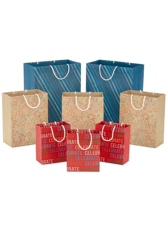 Hallmark Recyclable Gift Bag Assortment (8 Bags: 3 Small 6" 3 Medium 9" 2 Large 13") Celebrate Stars Stripes Red Blue Kraft Brown For Birthdays Graduations Father'S Day - Image 1