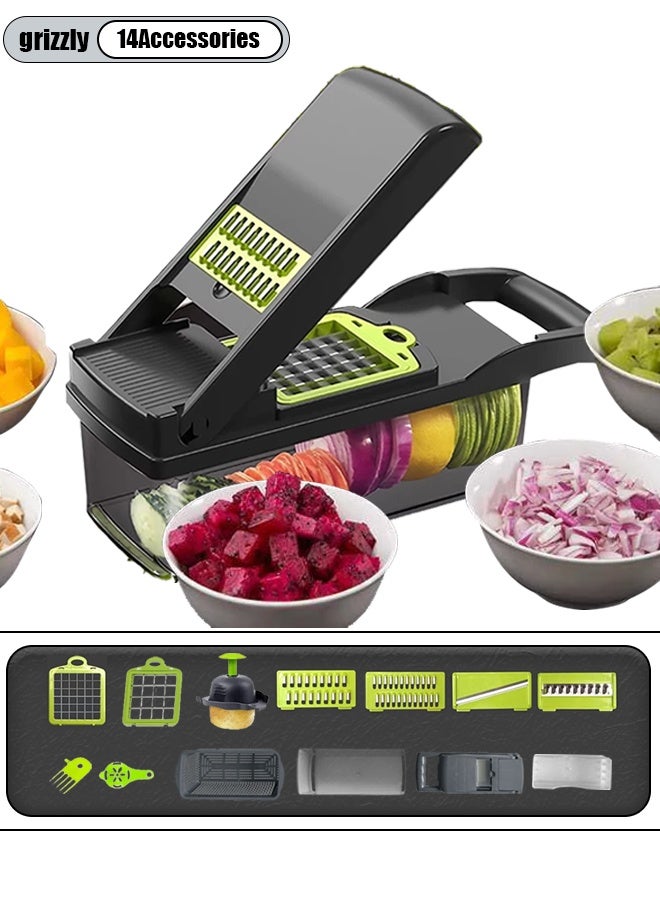 Vegetable Chopper 14-in-1 Multi-functional All-in-One Food Slicer, Dicing Machine, With Drainage Basket, Grater, Comes with Container - Compact Kitchen Small Tool Cooking Utensil Set  - Image 1
