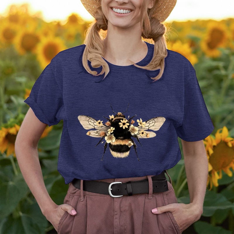 2023 New Summer Casual Loose Retro Bee Print Round Neck Short-Sleeved Women'S T-Shirt - Image 1