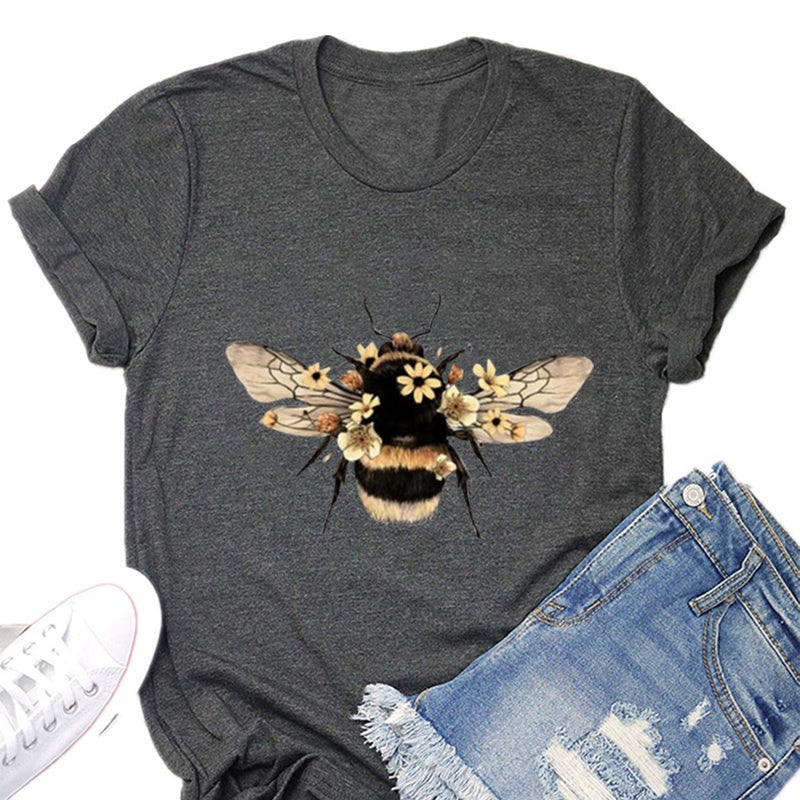 2023 New Summer Casual Loose Retro Bee Print Round Neck Short-Sleeved Women'S T-Shirt - Image 4
