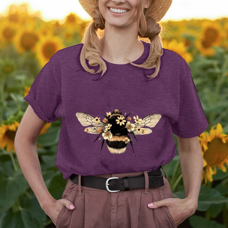 2023 New Summer Casual Loose Retro Bee Print Round Neck Short-Sleeved Women'S T-Shirt - Image 2