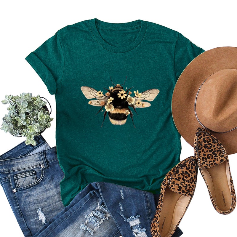 2023 New Summer Casual Loose Retro Bee Print Round Neck Short-Sleeved Women'S T-Shirt - Image 3