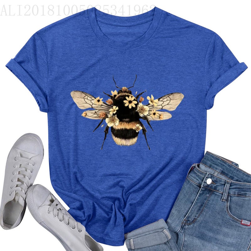 2023 New Summer Casual Loose Retro Bee Print Round Neck Short-Sleeved Women'S T-Shirt - Image 5