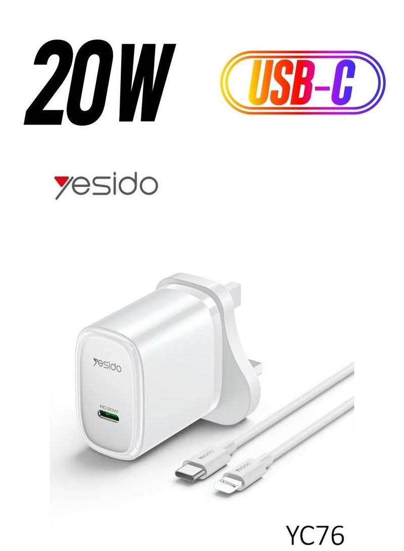 Yesido YC76 PD 20W USB Type-C Single Port Quick Charger – Fast Charging Adapter for iPhone, Samsung, Android Devices, Tablets, and More - Image 1