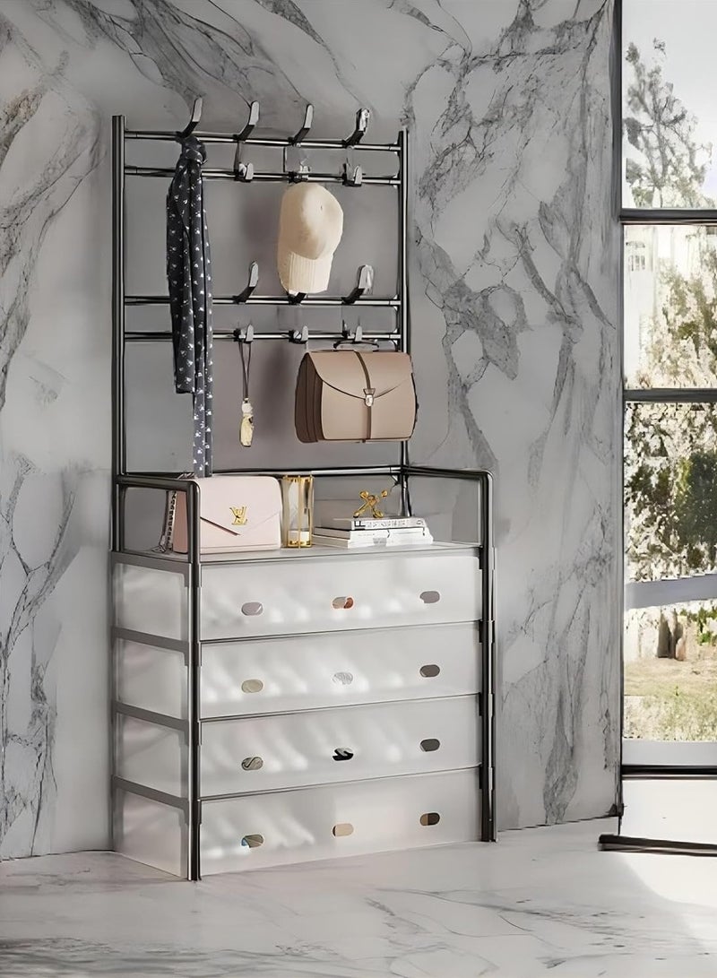 DubaiGallery Shoe Rack, 5 Tier Metal Shoes Shelf with Hooks & Cover for Entryway, Dustproof Sturdy Coat Rack Storage Organizer for Clothes Shoes Hat Bag Bedroom Hallway Office Dorm - Image 2