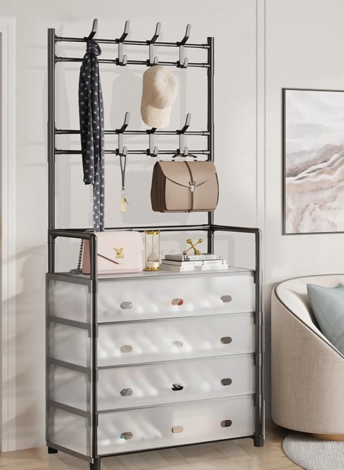 DubaiGallery Shoe Rack, 5 Tier Metal Shoes Shelf with Hooks & Cover for Entryway, Dustproof Sturdy Coat Rack Storage Organizer for Clothes Shoes Hat Bag Bedroom Hallway Office Dorm - Image 3