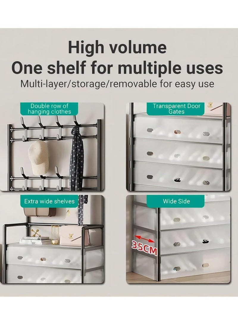 DubaiGallery Shoe Rack, 5 Tier Metal Shoes Shelf with Hooks & Cover for Entryway, Dustproof Sturdy Coat Rack Storage Organizer for Clothes Shoes Hat Bag Bedroom Hallway Office Dorm - Image 4