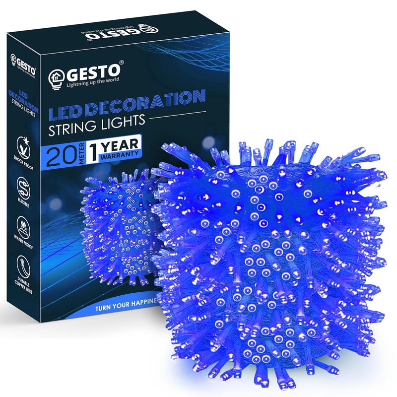 Gesto 20 متر أضواء سلسلة LED – قابس AC مقاوم للماء سلك نحاسي أزرق لأغراض تزيين المنزل، عيد الميلاد، الحديقة، الفناء، تزيين ديبافالي وديwali لأضواء الشرفة الخارجية - أزرق - Image 1