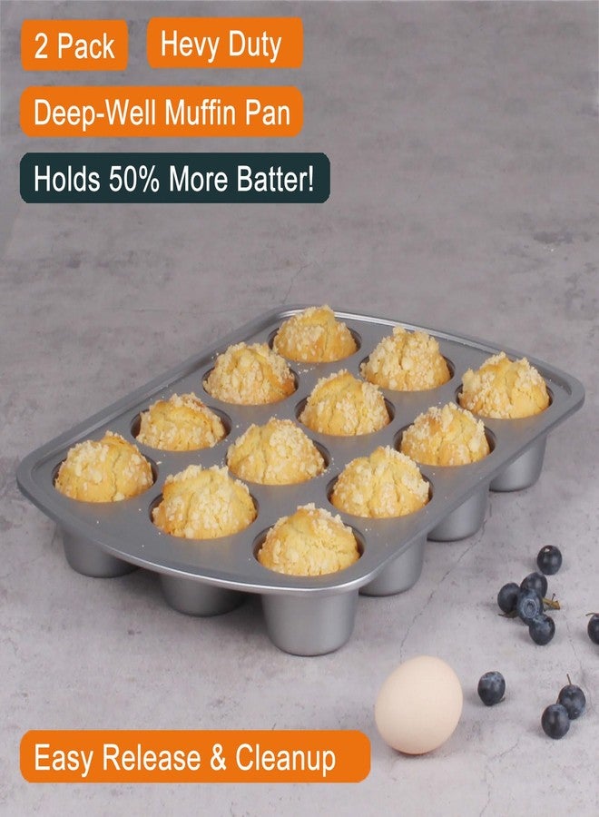 wivplik Deep Well Muffin Pan - 12-Cup 2-Pack, 1.77-Inch Deep Cups (50% More Batter), Heavy Duty Carbon Steel with Nonstick and Non-Toxic Coating, 15.9 x 11.1 Inches - Image 3