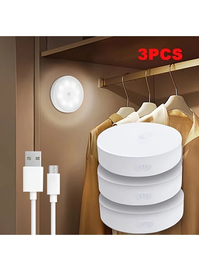 ضوء ليلي أبيض يعمل بالحركة مع شاحن عبر USB، 3 قطع، للسلالم والخزائن وغرف النوم - Image 1