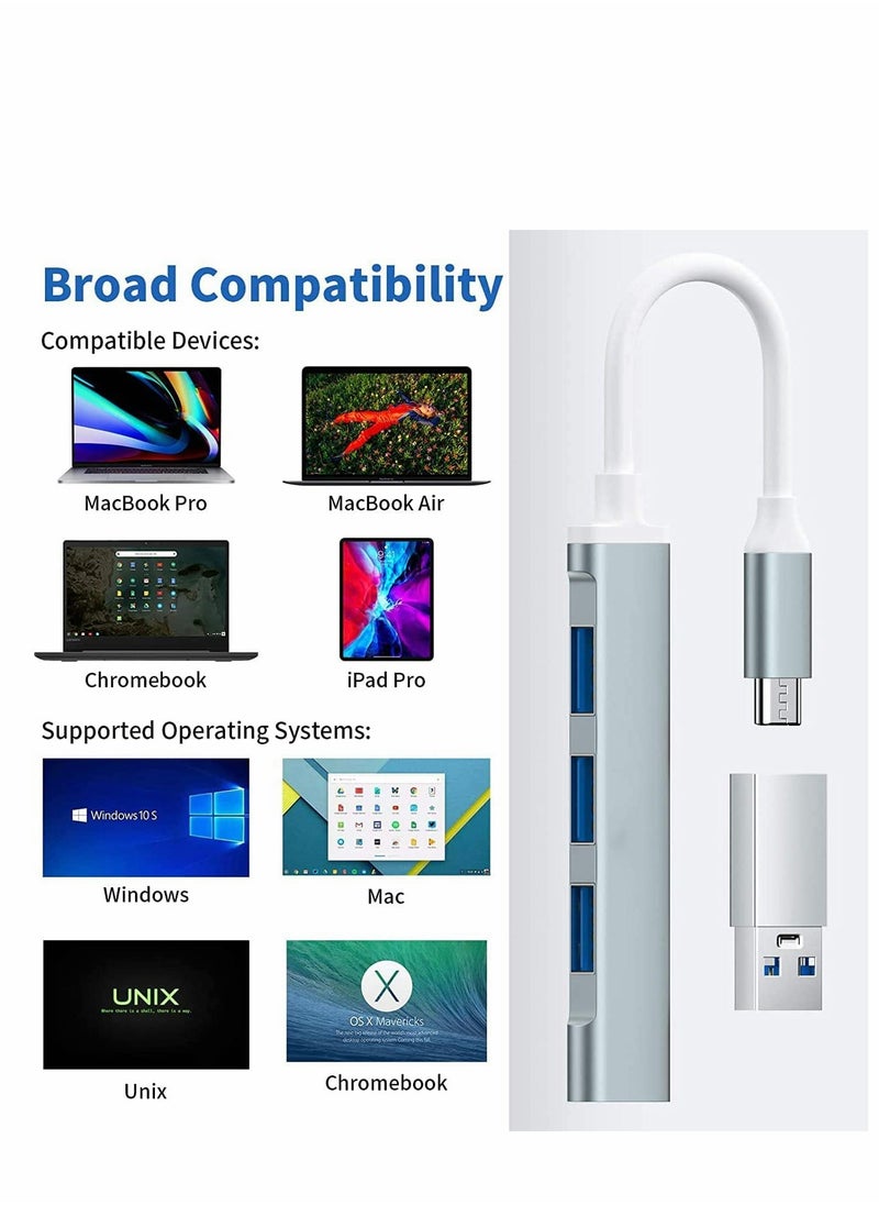 4-Port USB C Hub Adapter with 3.0 and 2.0 Ports, USB Extender Splitter for Mac Pro/Mini, Surface Pro, Desktop PCs, Laptops, and Mobile HDDs, Type-C Docking Station