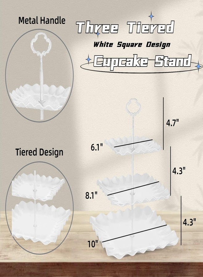 RAUVOLFIA 3-Tier Cupcake Stand with Metal Struts Dessert Table Tower Display Rack Serving Tray for Wedding Birthday Bridal Shower Autumn Tea Party (White Square - 2 Pack) - Image 3
