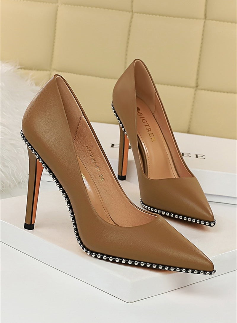 بيج تري إمرأة نمط عال كعب خف إصبع قدم برشام حذاء 10cm بني - Image 1