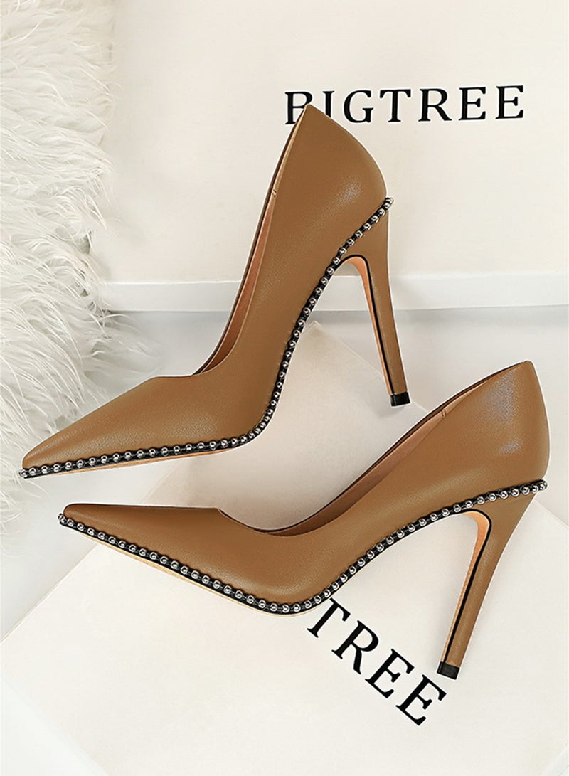 بيج تري إمرأة نمط عال كعب خف إصبع قدم برشام حذاء 10cm بني - Image 2