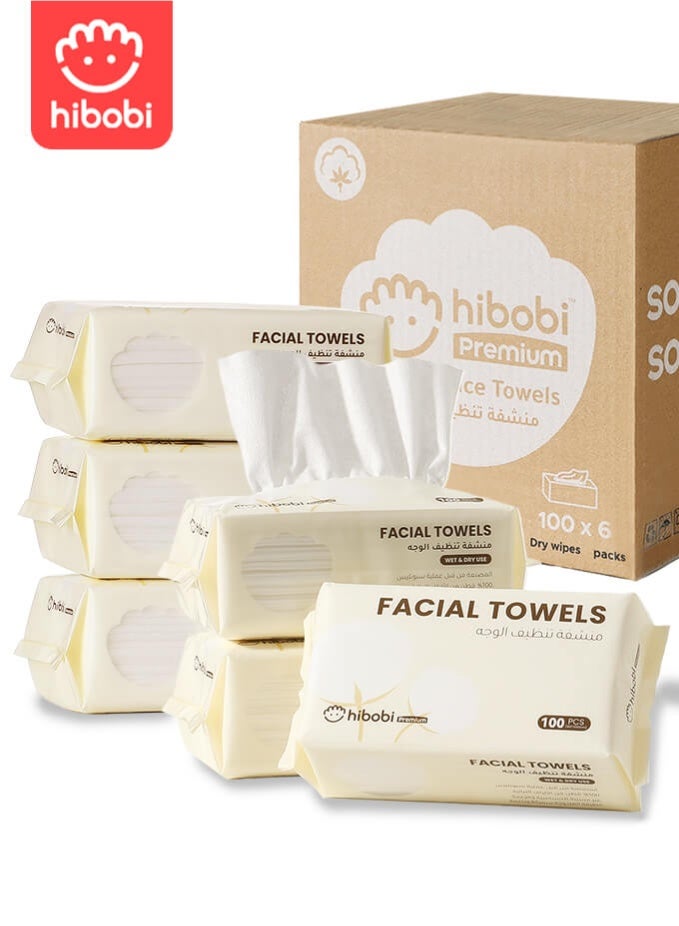 هيبوبي مناديل قطنية جافة ورطبة ٦ عبوات × ١٠٠ قطعة – مناديل وجه ناعمة للرضّع والعناية بالبشرة وإزالة المكياج - Image 1