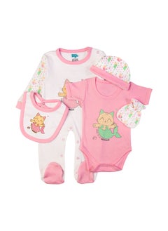 Babies Basic 5 Piece Unisex 100% Cotton Gift Set Include Bib, Romper, Mittens, Cap And Sleepsuit/Jumpsuit- Meowmaid  - Image 2