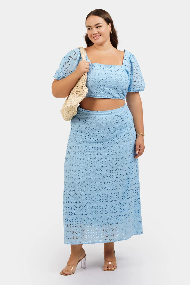 Virgio Embroidered Cotton Schiffli Midi Plus Size Skirt for Women