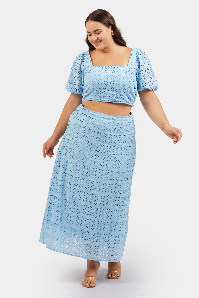 Virgio Embroidered Cotton Schiffli Midi Plus Size Skirt for Women