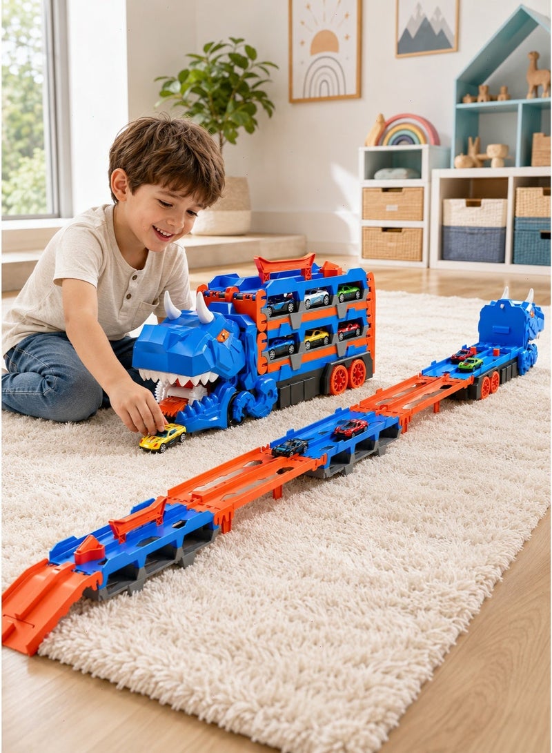 Dinosaur Transport Truck Toy with Dual Lane Race Track and Mini Cars, Transforming Car Carrier Playset for Kids Ages 3 to 8 - Image 5