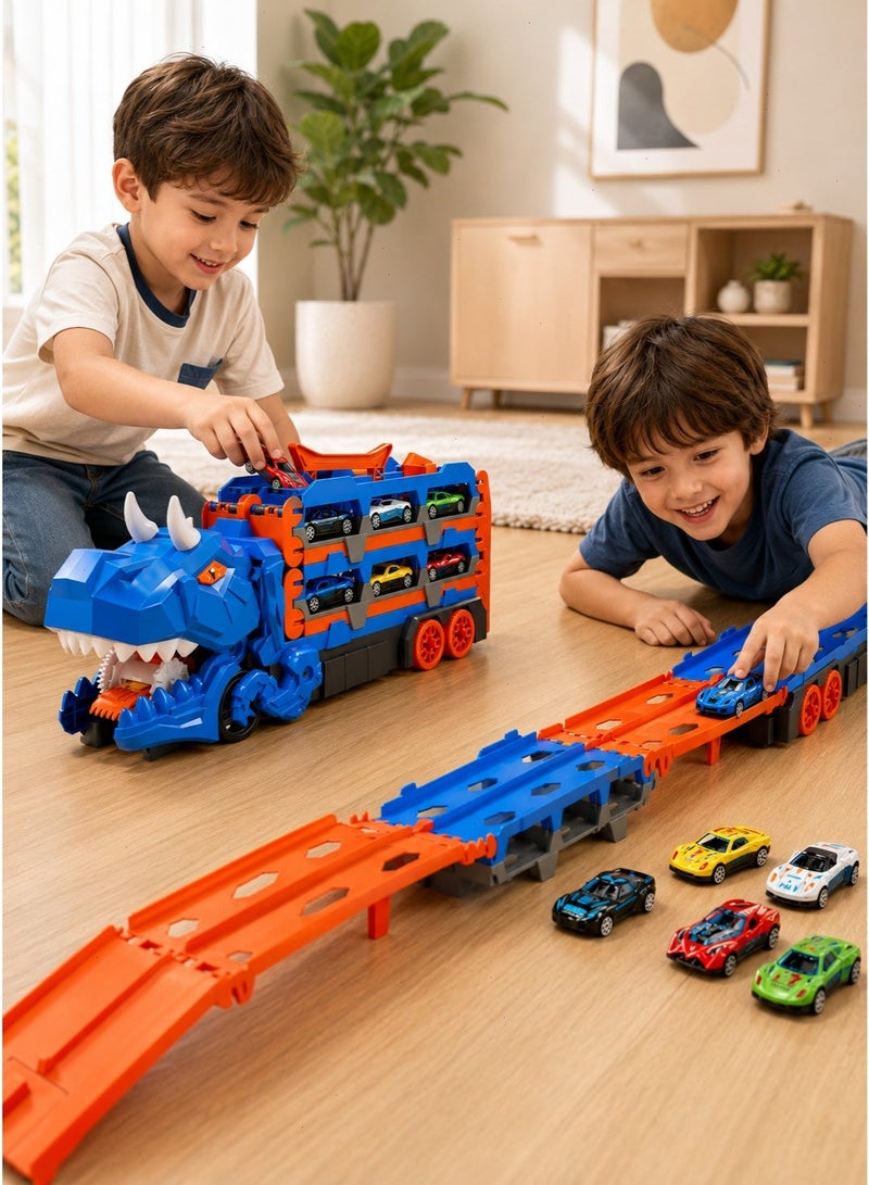 Dinosaur Transport Truck Toy with Dual Lane Race Track and Mini Cars, Transforming Car Carrier Playset for Kids Ages 3 to 8 - Image 4