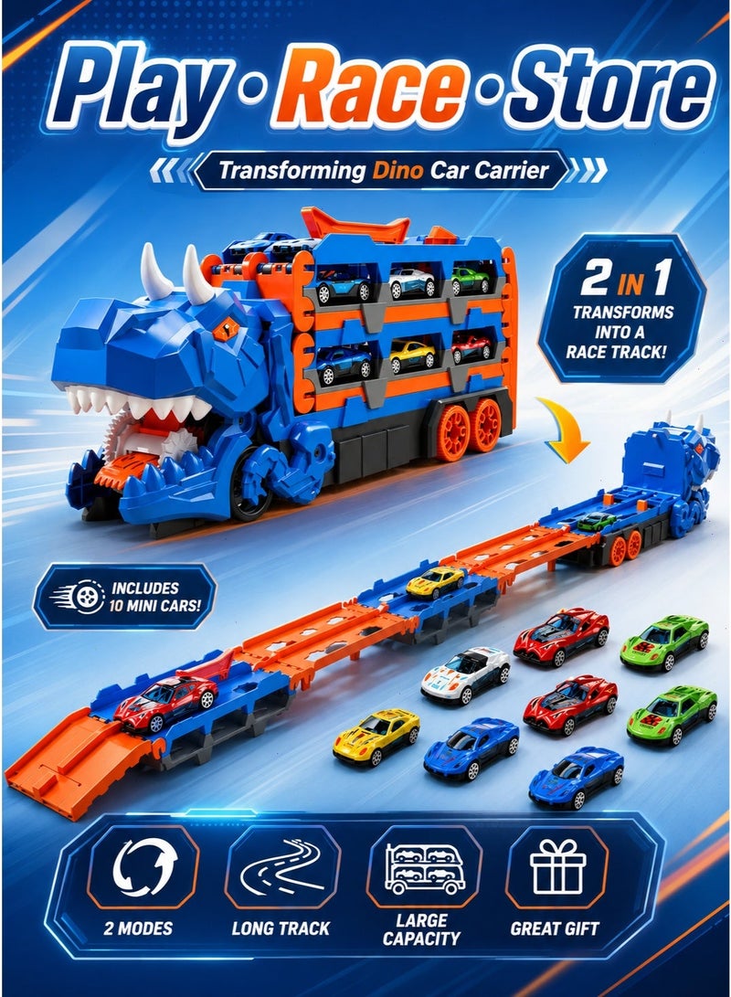 Dinosaur Transport Truck Toy with Dual Lane Race Track and Mini Cars, Transforming Car Carrier Playset for Kids Ages 3 to 8 - Image 1