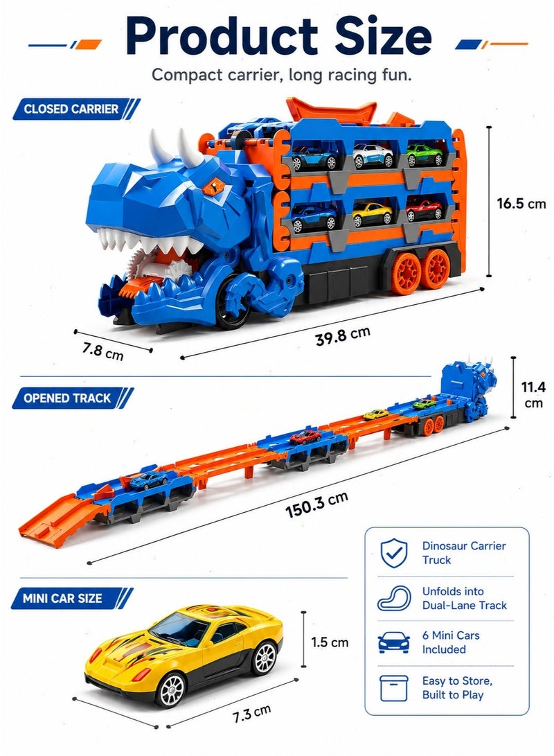 Dinosaur Transport Truck Toy with Dual Lane Race Track and Mini Cars, Transforming Car Carrier Playset for Kids Ages 3 to 8 - Image 2