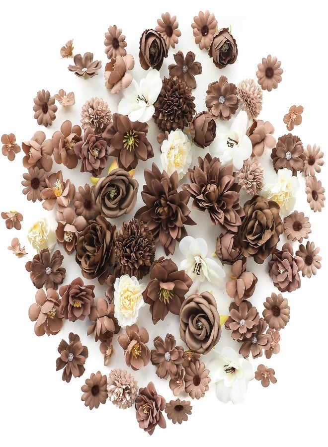 Floroom Mini Artificial Flower Heads Brown & Taupe Fake Peony Daisy Rose Multicolor Small Faux Silk Flower Heads for Cake Craft Garland Wedding Party Graduation Cap DIY Home Decoration, 0.8"-3.6" - Image 1