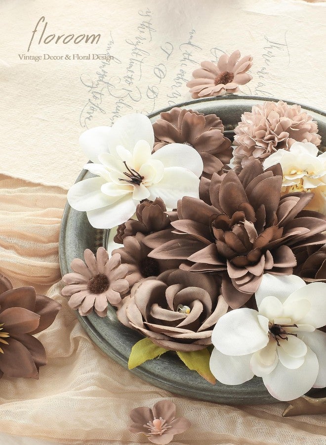 Floroom Mini Artificial Flower Heads Brown & Taupe Fake Peony Daisy Rose Multicolor Small Faux Silk Flower Heads for Cake Craft Garland Wedding Party Graduation Cap DIY Home Decoration, 0.8"-3.6" - Image 3