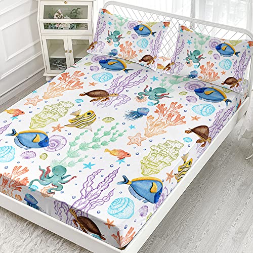 XYNHML Sea Turtle Fitted Sheet Tropical Fish Marine Life Bed Set Reptile Sea Animals Wildlife Bed Cover for Teens Adult Includes 1 Fitted Sheet,2 Pillowcases - Image 2