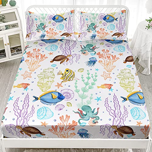 XYNHML Sea Turtle Fitted Sheet Tropical Fish Marine Life Bed Set Reptile Sea Animals Wildlife Bed Cover for Teens Adult Includes 1 Fitted Sheet,2 Pillowcases - Image 1
