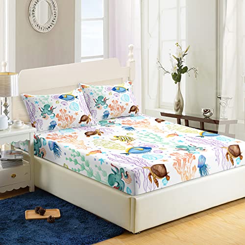 XYNHML Sea Turtle Fitted Sheet Tropical Fish Marine Life Bed Set Reptile Sea Animals Wildlife Bed Cover for Teens Adult Includes 1 Fitted Sheet,2 Pillowcases - Image 3