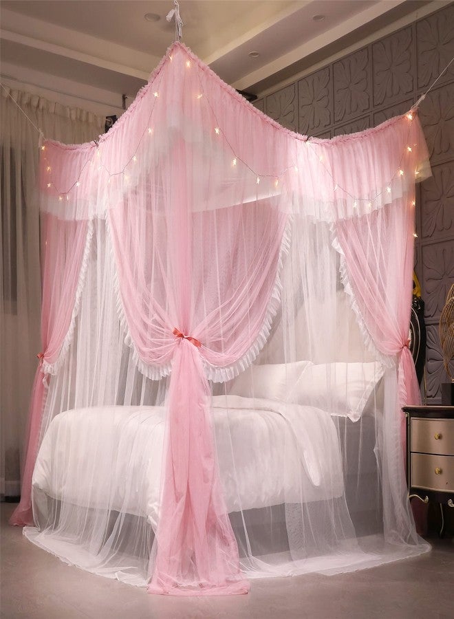 VETHIN 4 Corners Post Ruffle Princess Bed Canopy Curtain, 4 Openings Mosquito Net for Girls Adults Bedroom Decoration (Pink/White, 64" W x 82" L x 82" H) Queen - Image 5